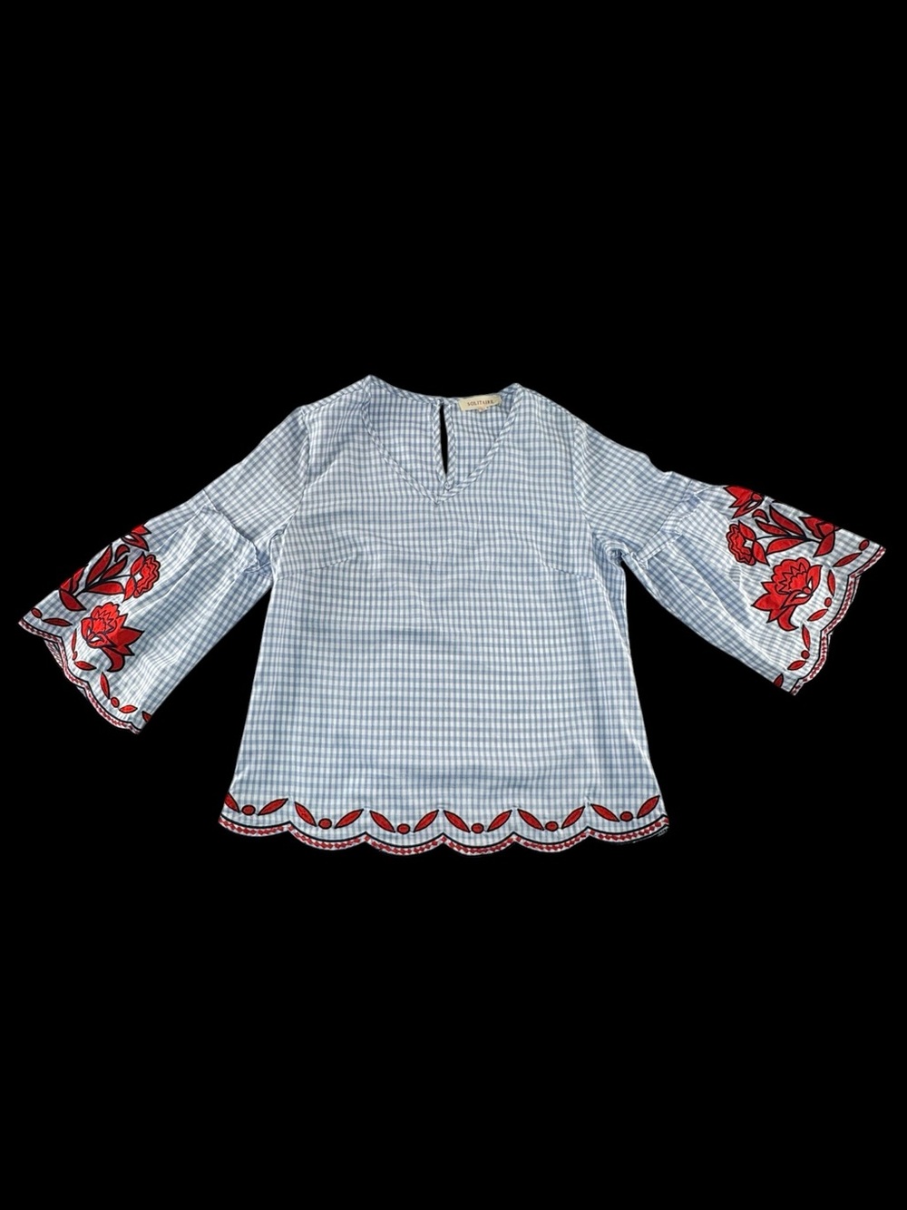 Solitaire Blue Gingham Top with Red Logo Detail